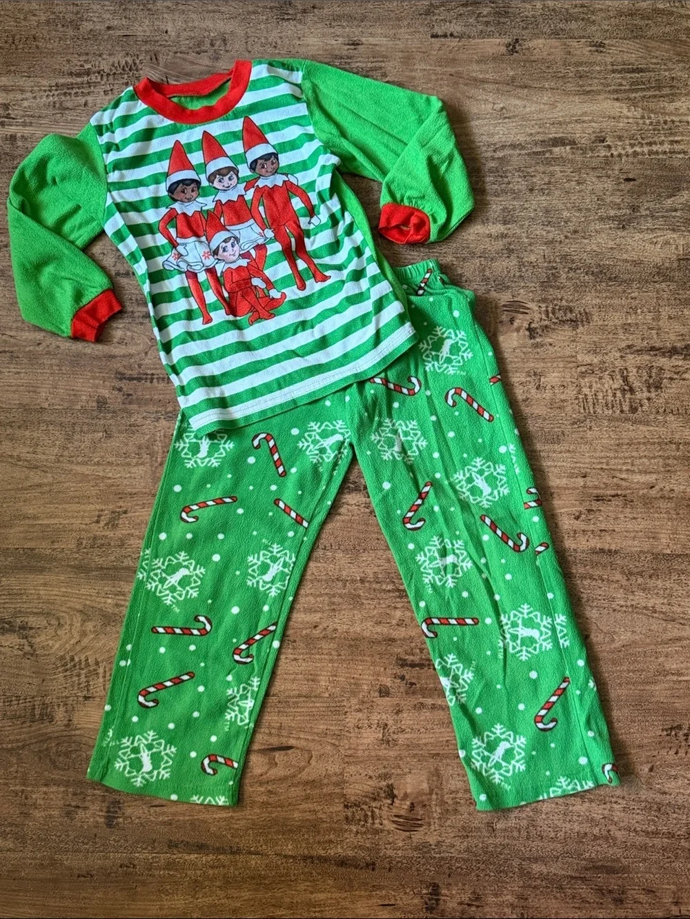 Kids Green Elf Stripe Pajama Set with Candy Cane Print